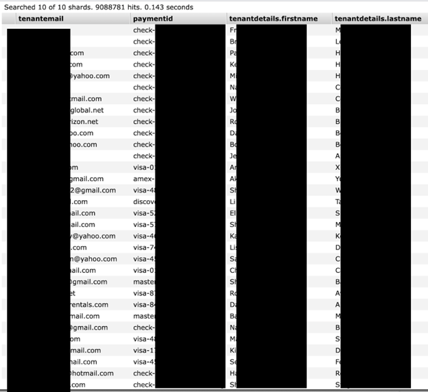 Example of what the transaction records looked like with names, emails, and other data in plain text.