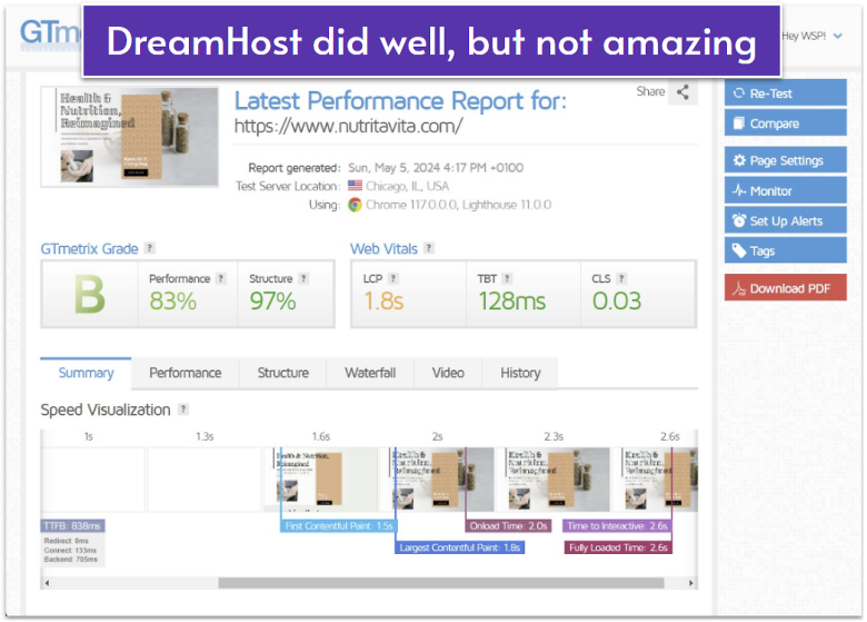 DreamHost loading speed test results.