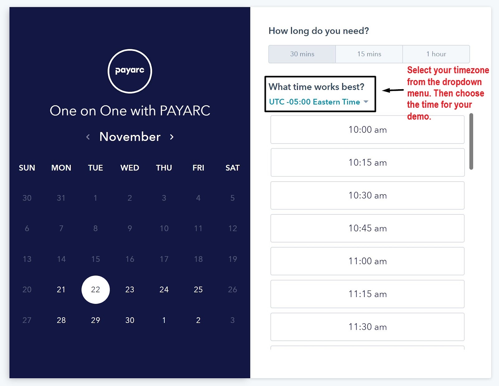 Payarc book a demo date and time form
