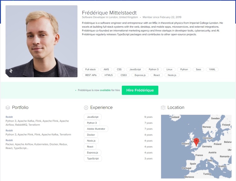 Freelancer profiles on Toptal