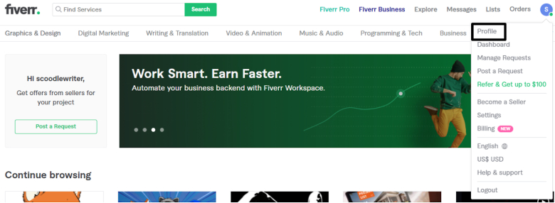 Fiverr's homepage when logged in