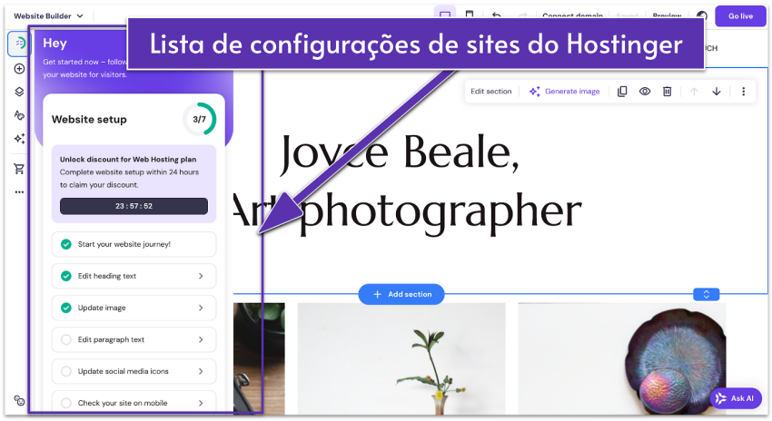 Hostinger's website setup list