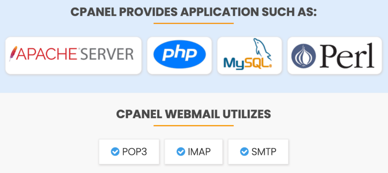 Daftar aplikasi dasar InterServer untuk cPanel (Apache, PHP, MySQL, Perl) dan webmail cPanel (POP3, IMAP, SMTP).