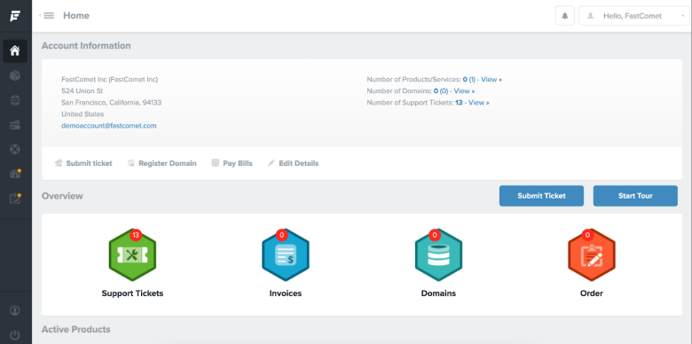 Website management interface showing account information, tickets, invoices, domains and basic account information.