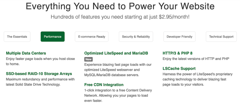 GreekGeeks performance-based features. Multiple data centers, SSD-based RAID-10 storage arrays, optimized LiteSpeed and MariaDB, Free CDN Integration, HTTP/3 and PHP 8, LSCache support