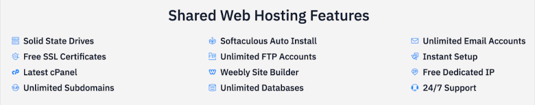 Hostwinds' shared hosting features. Solid State drives, free ssl, latest cPanel, unlimited subdomains, Softaculous auto install, unlimited FTP accounts, Weebly site builder, unlimited databases, unlimited email accounts, instant setup, free dedicated IP, 24/7 support.