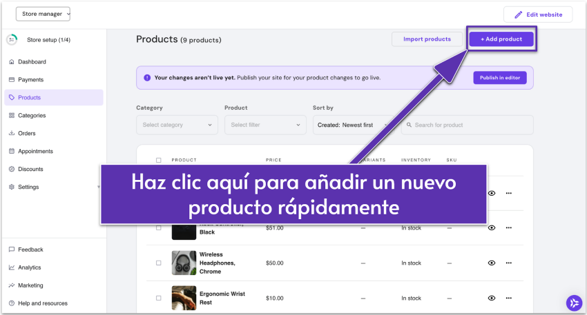 Página de productos del Creador de sitios web de Hostinger