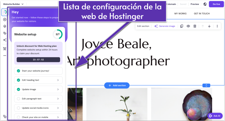 Lista de configuración del sitio web de Hostinger