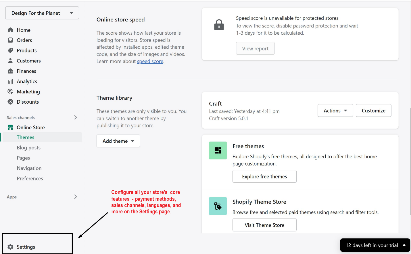 Shopify dashboard and store settings