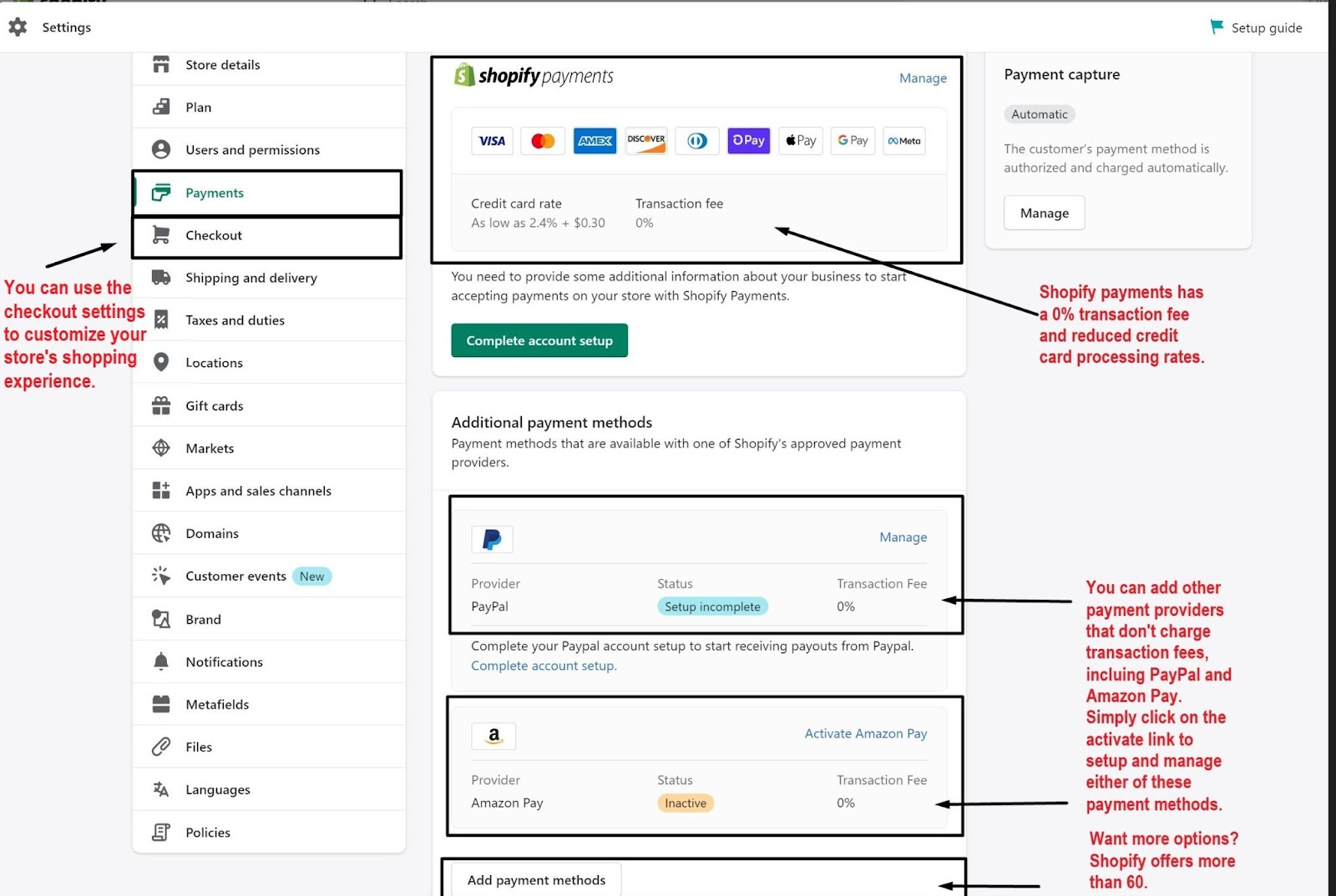 Shopify payment gateway, payment methods, and checkout settings