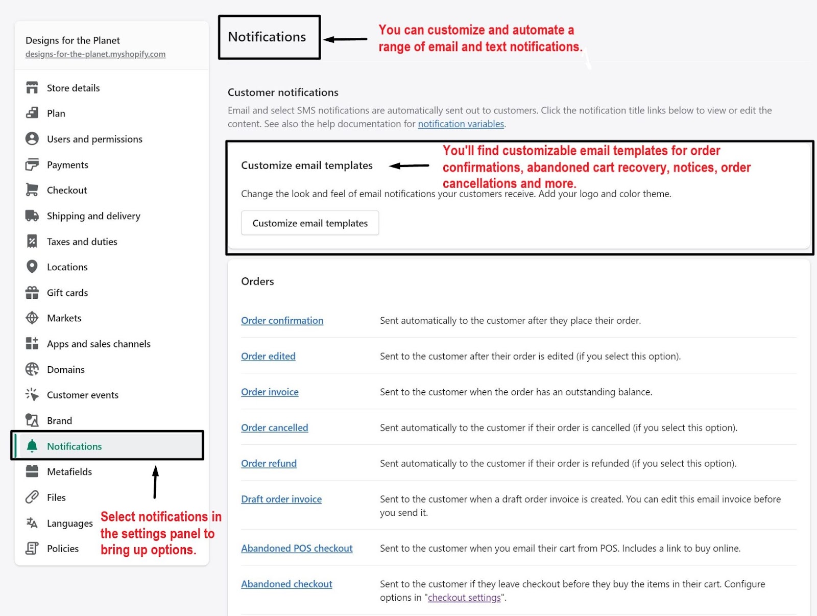 Shopify settings - notifications panel