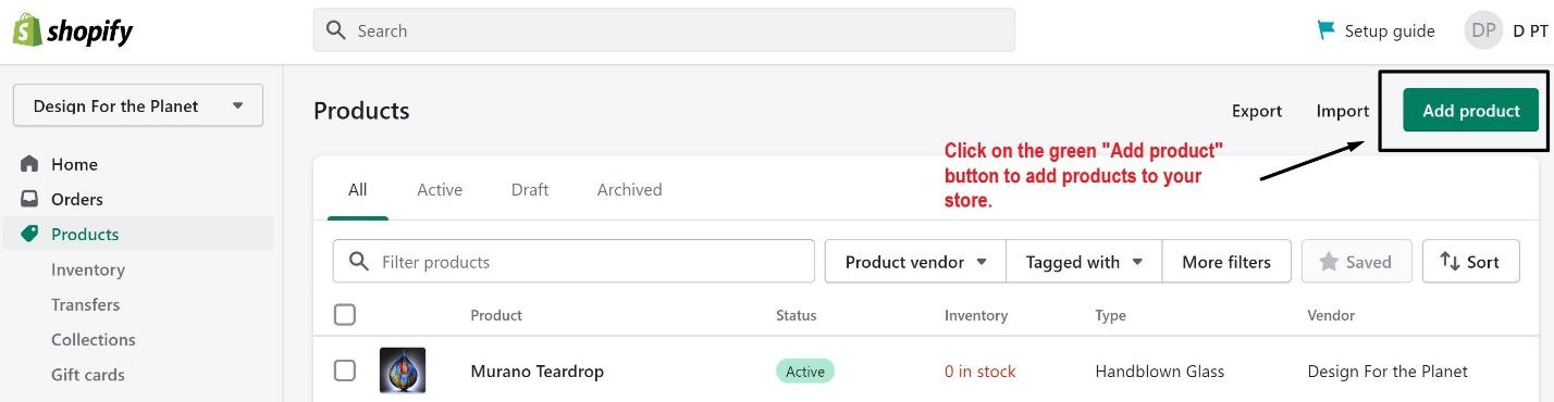 Shopify Products setting and add product button