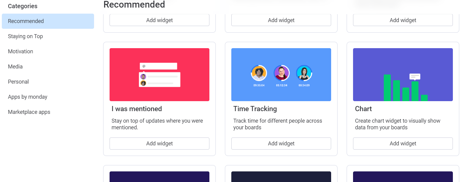 Detail of monday.com's widgets