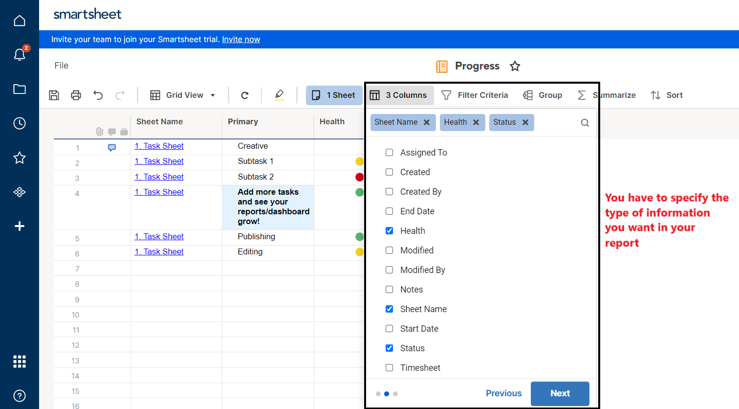 Detail of Smartsheet's reports