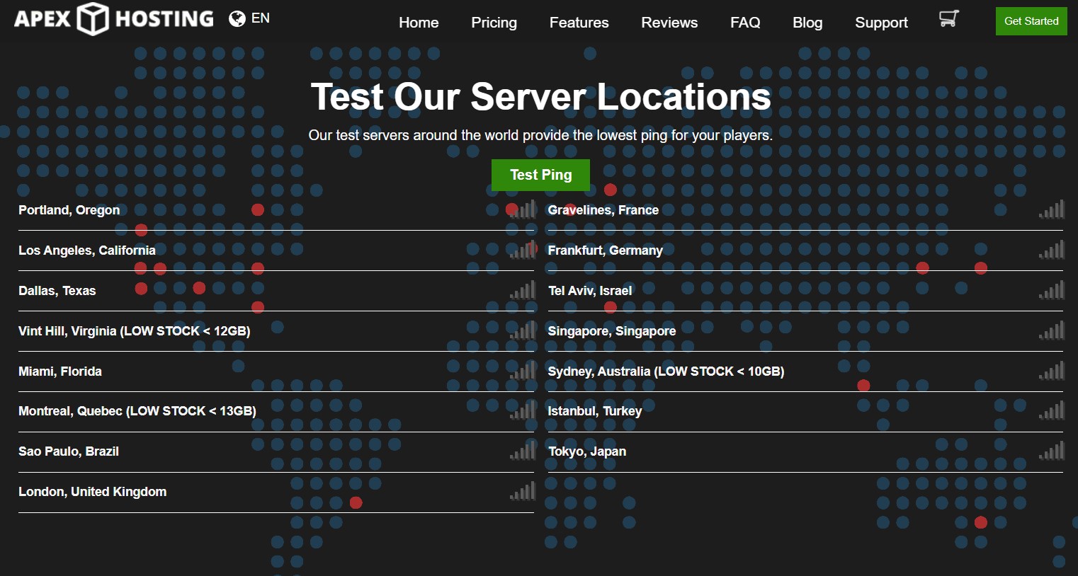 Apex Hosting server locations and Ping test.
