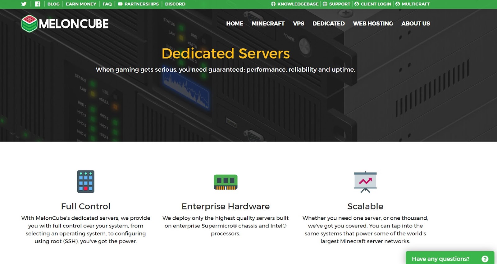 MelonCube dedicated server hosting landing page.