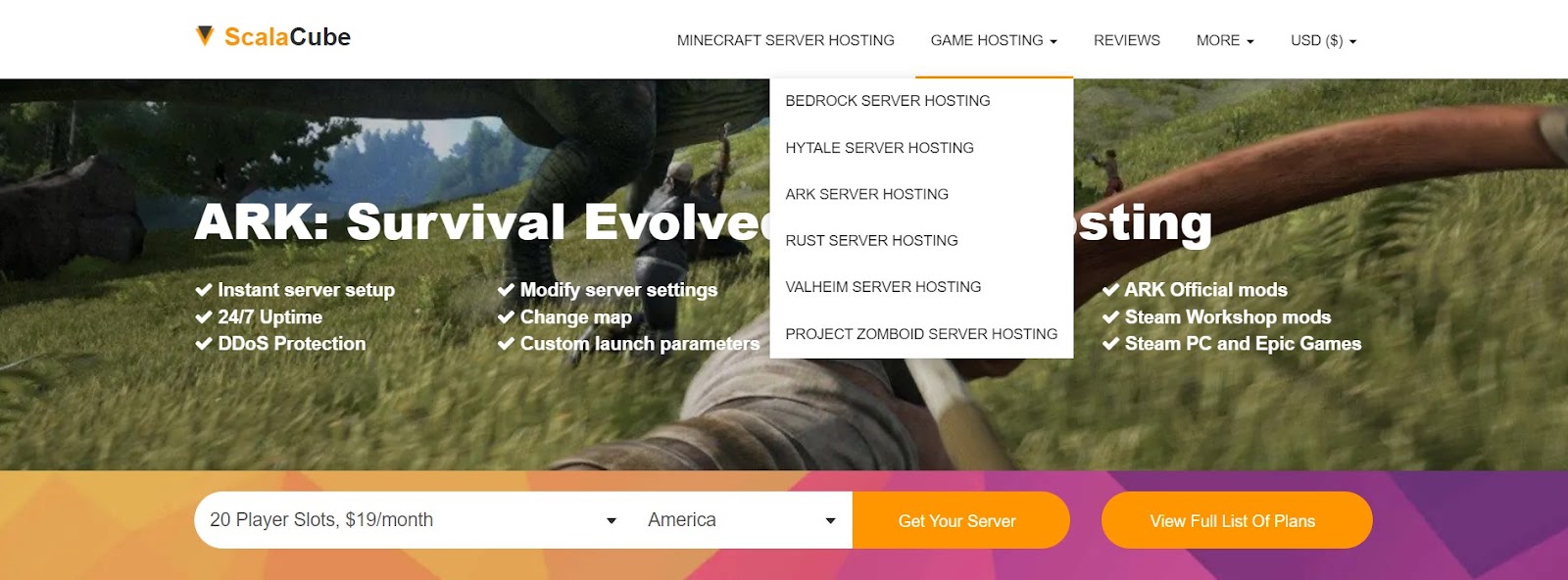 ScalaCube ARK: Survival Evolved game server hosting landing page.