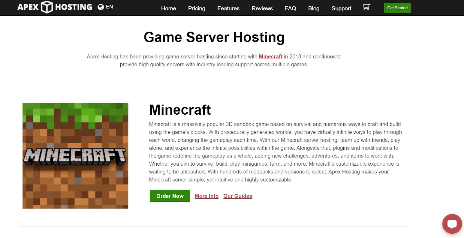 Apex Hosting game server hosting landing page.