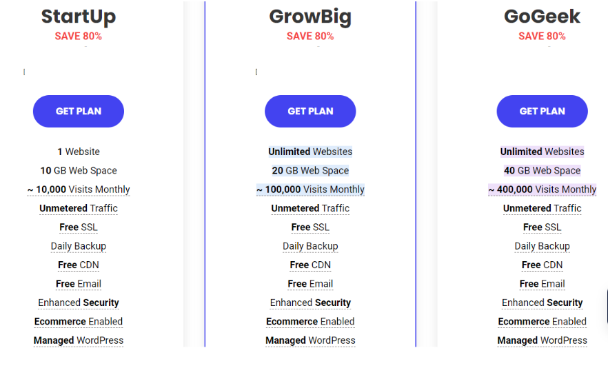 Screenshot of SiteGround's three shared and WordPress hosting plan tiers with details of each