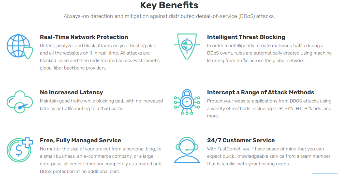 screenshot of FastComet features that prevent DDoS attacks