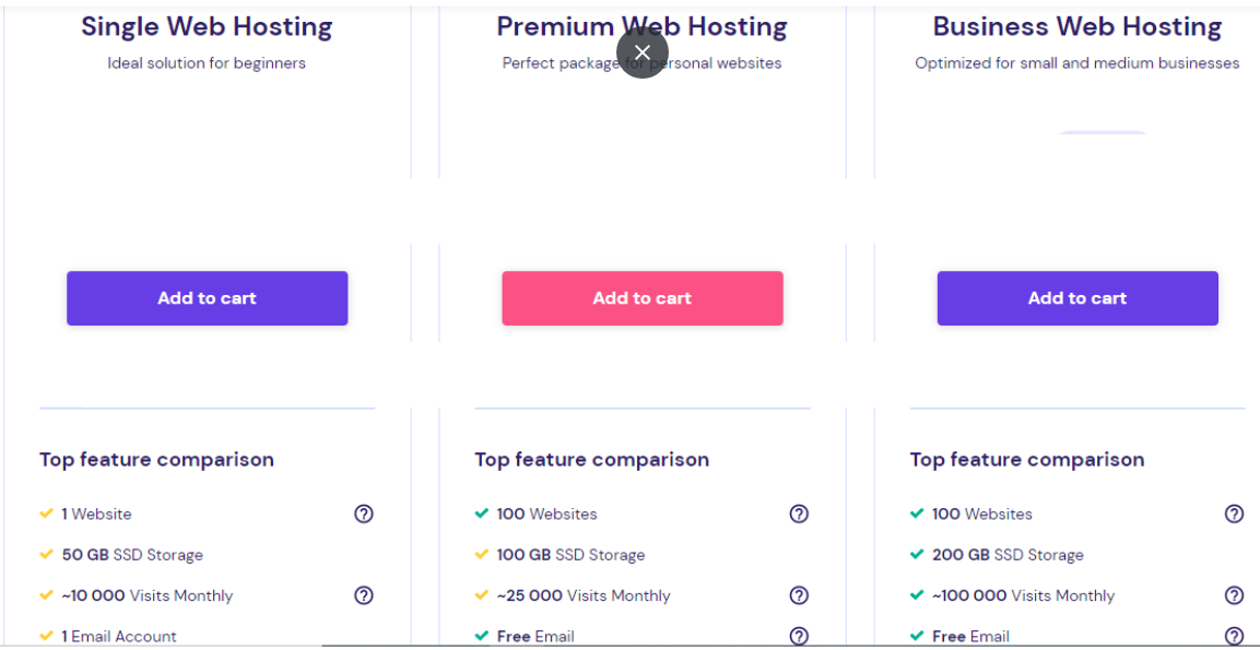 screen shot of Hostingers three web hosting tiers with details of each