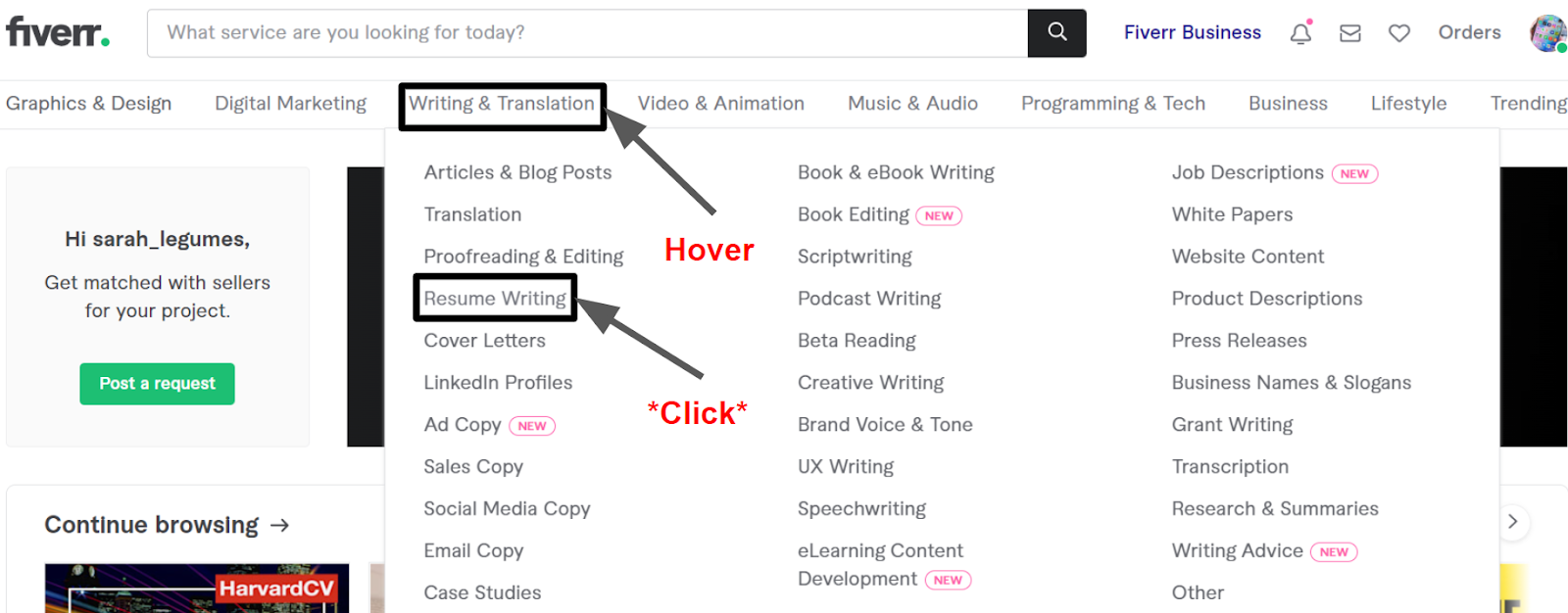 navigating to the resume writing category on Fiverr