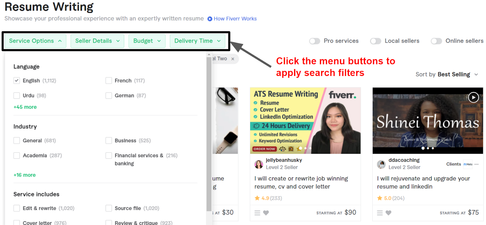 applying search filters to Fiverr's search engine