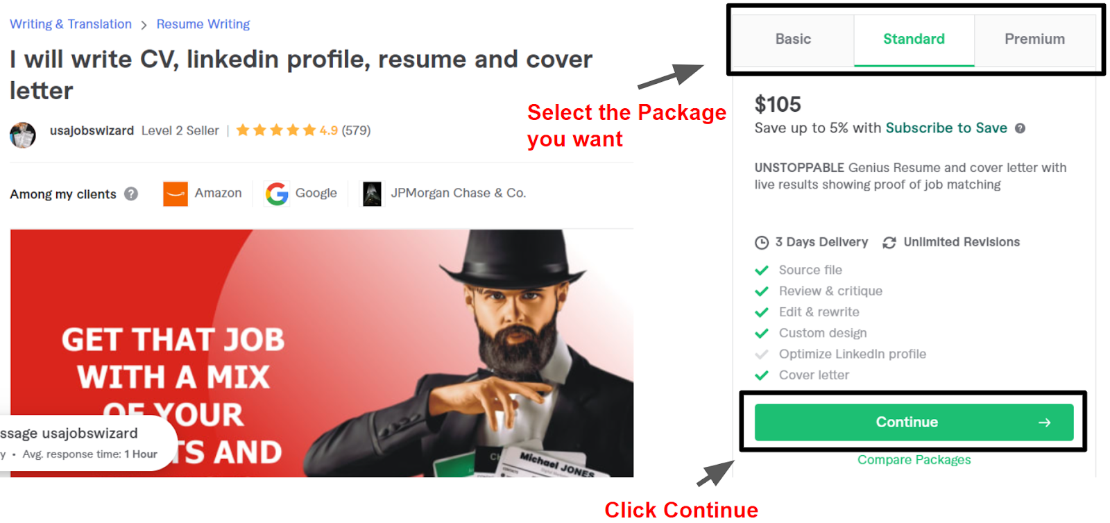 selecting a Package and continuing to checkout on Fiverr