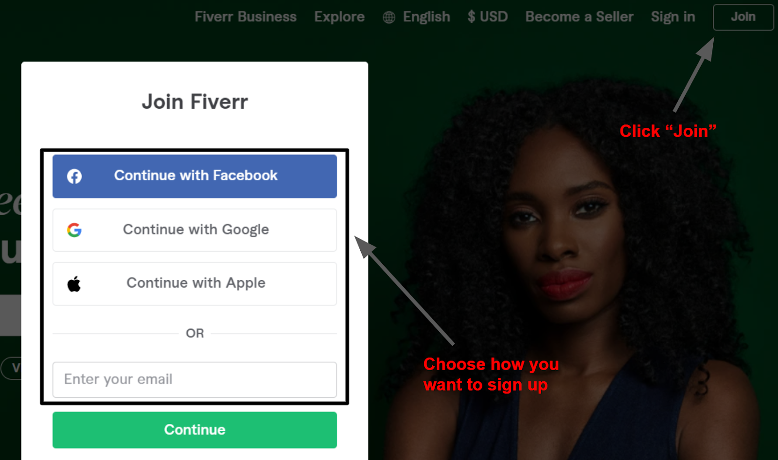 creating an account on Fiverr