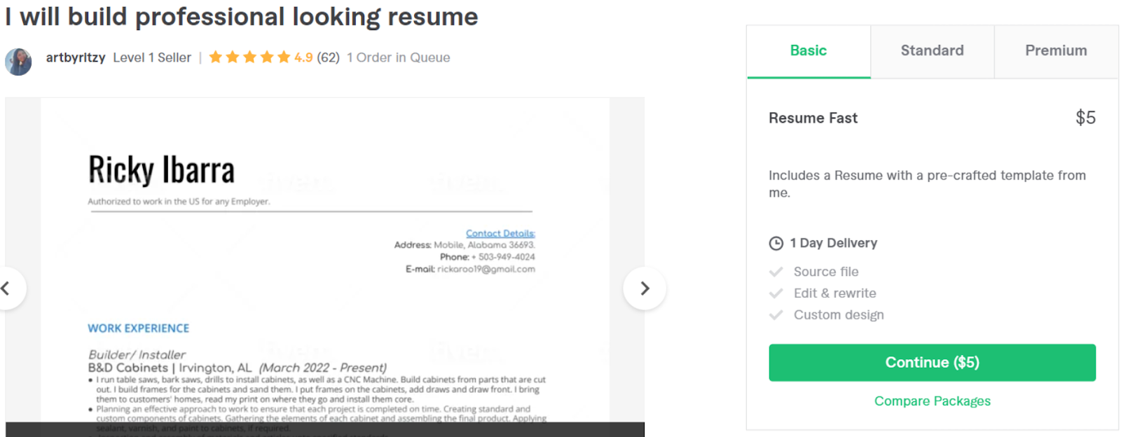 Artbyritzy's resume writing service gig on Fiverr