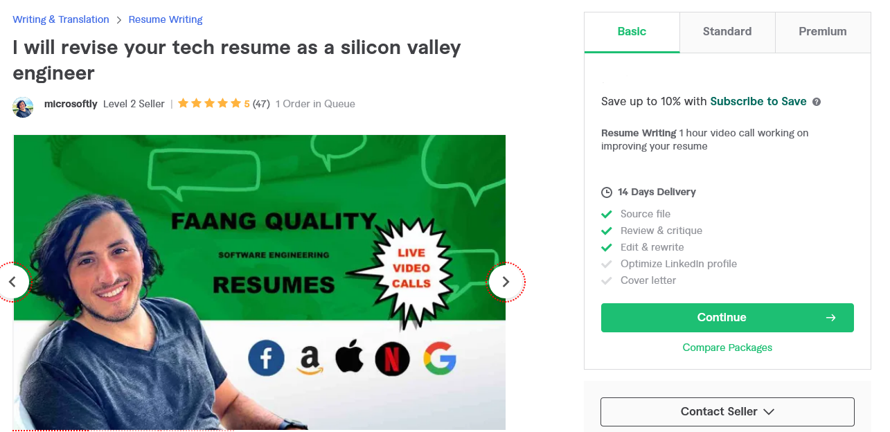 Microsoftly's resume writing service gig on Fiverr