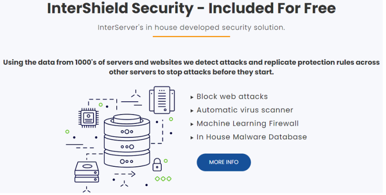 A screenshot from InterServer's website showing details of the InterShield security suite