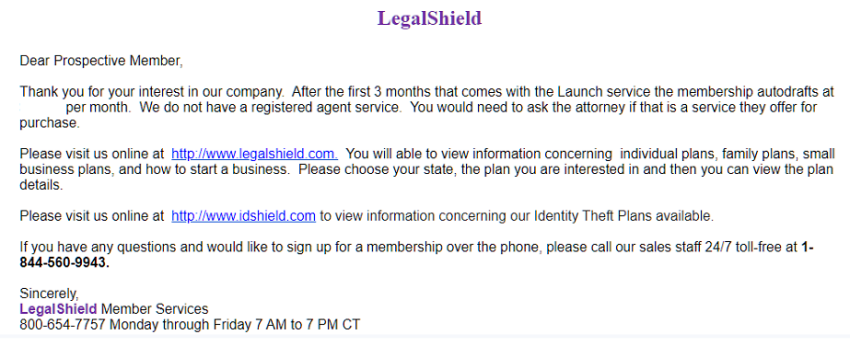 LegalShield Member Services' support email response with wrong answer