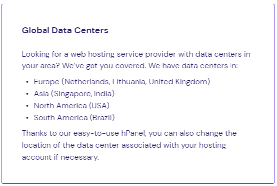 Detail text of Hostinger's global data centers and hPanel features