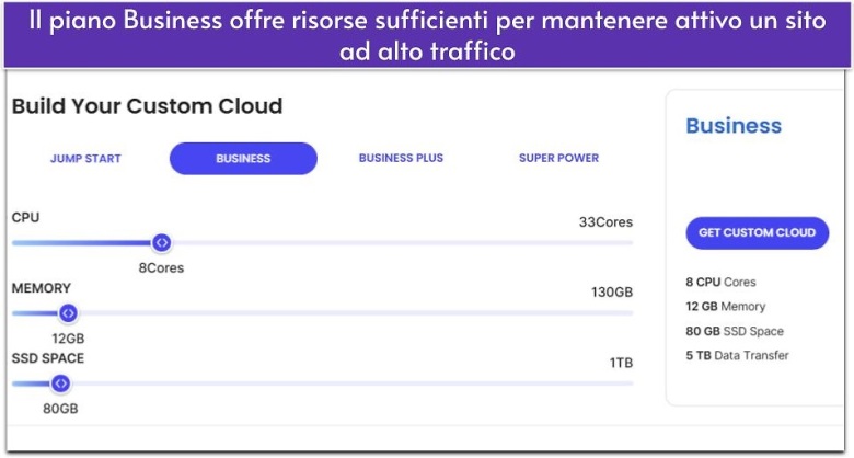 Il piano Business offre risorse sufficienti per mantenere attivo un sito ad alto traffico