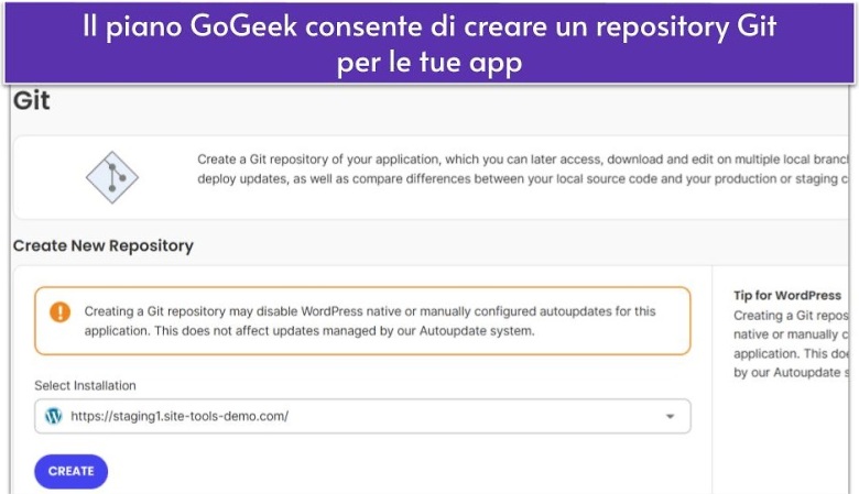 Il piano GoGeek consente di creare un repository Git per le tue app