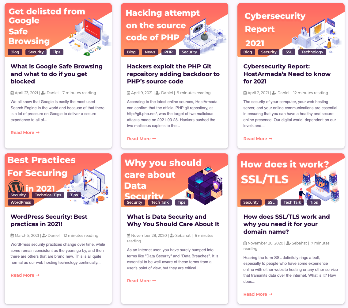 HostArmada's blog archive, featuring six article cards covering security, PHP, SSL, Technical Tips, and other topics.
