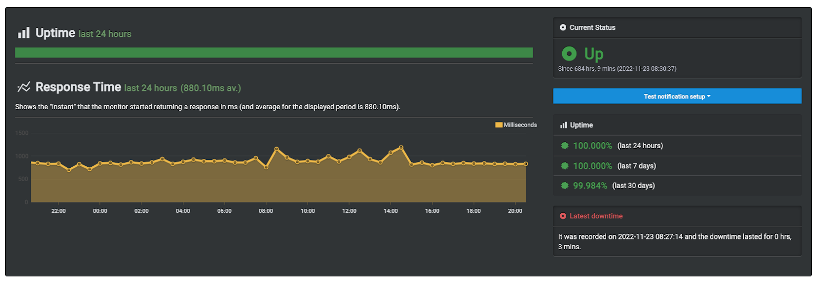 Chart detailing uptime for the test website. The chart shows a consistent line with one minor outage.