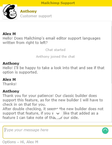 Mailchimp live chat support