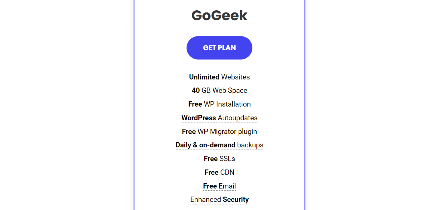 Detail of SiteGround's GoGeek reseller hosting plan