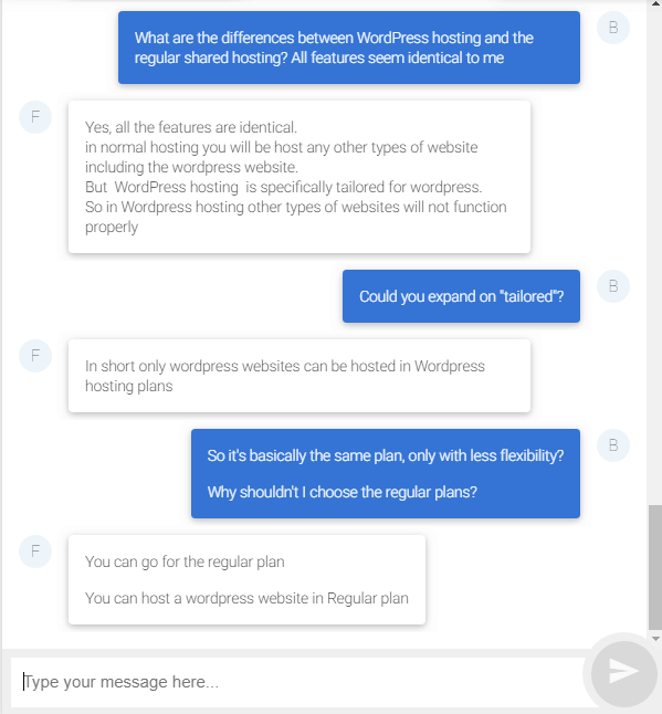 Screenshot of a Bluehost live chat support interaction