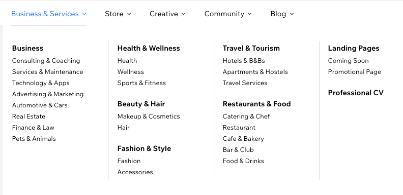 A screenshot of Wix's website template categories