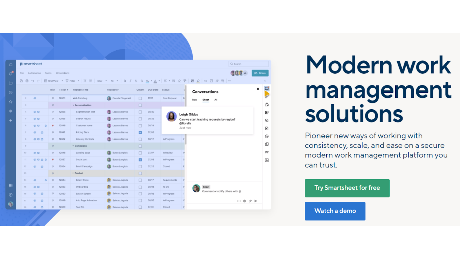 Smartsheet's website for cloud project management