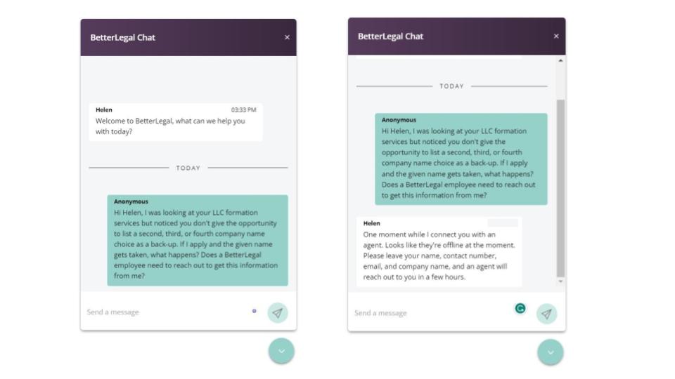 Live chat support screens from BetterLegal