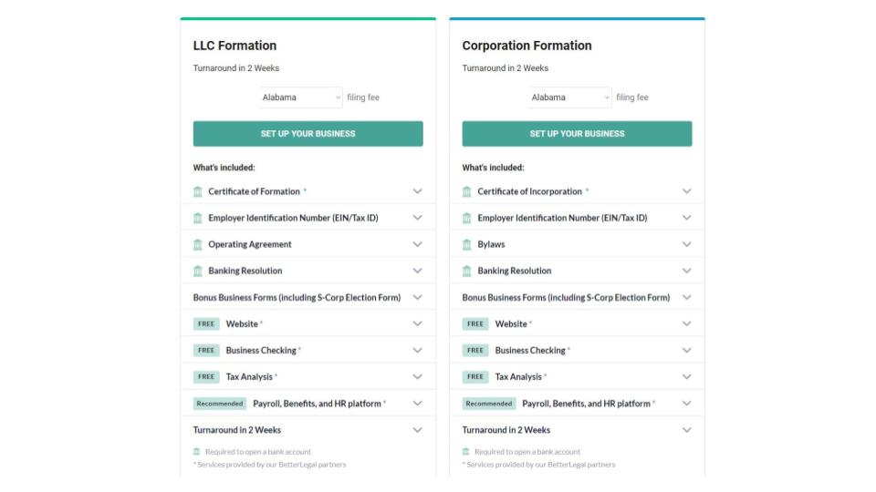 BetterLegal's LLC vs corporation formation feature comparison lists