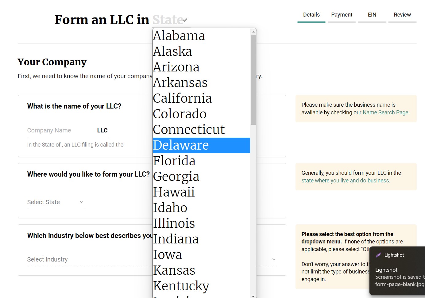 BetterLegal's LLC formation questionnaire