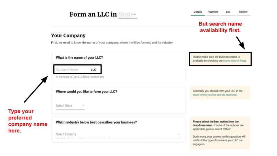 Screenshot of the company name entry field in BetterLegal's application, and the link to the Name Search Page