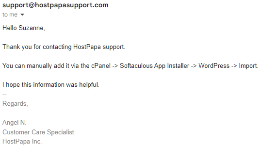 The non-helpful email from HostPapa support
