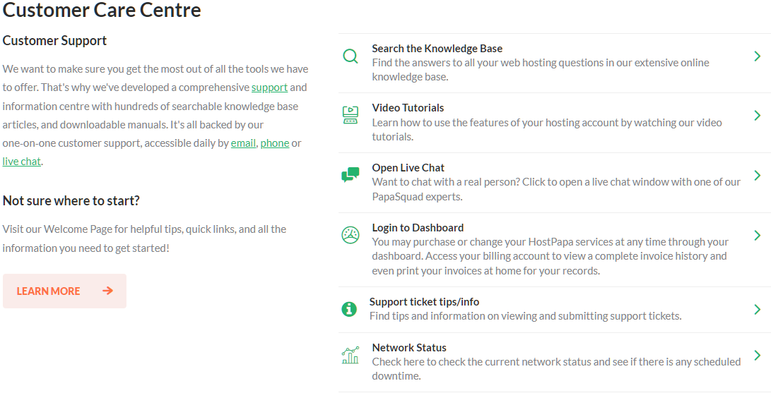 Homepage of the Customer Care Centre, showing all the avenues of support