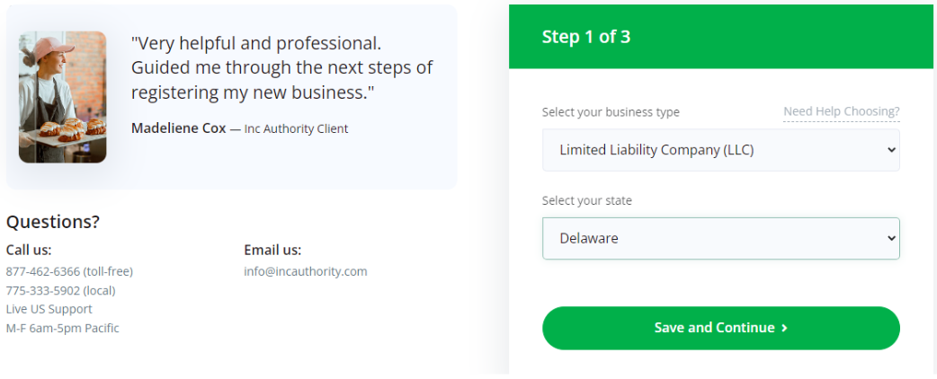 A screenshot of step 1 of Inc Authority's signup process where the business type and state are selected, with support information